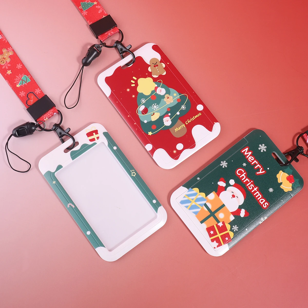 Cute Christmas ID Badge Card Holder with Neck Lanyard Santa Reindeer Snowman Tree Printed Card Case Holiday Accessories​