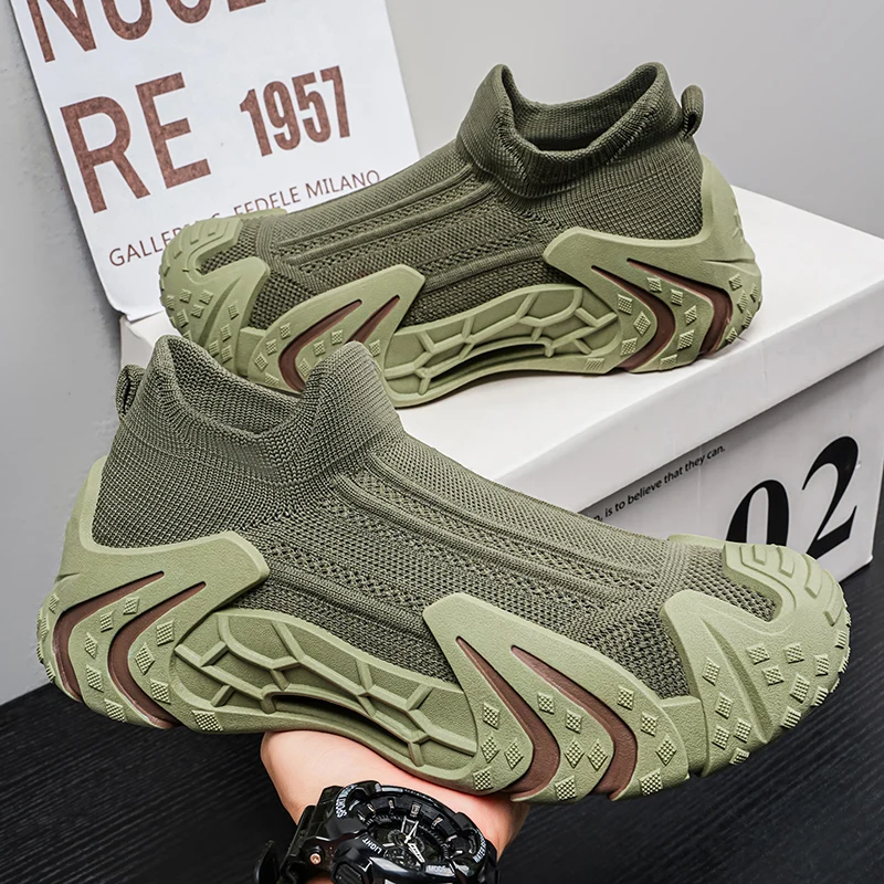 Men Slip-On Knit Sock Sneakers Summer Breathable Loafers Non Slip Rugged Thick Sole Outdoor Trekking Daily Walking Sports Shoes