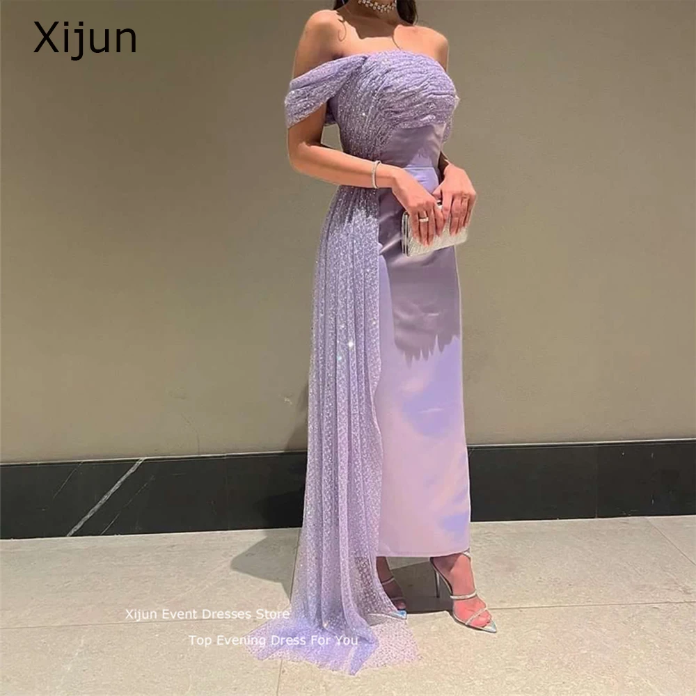 Xijun Purple Glitter Mermaid Evening Dresses Elegant 2023 Sequined Formal Occasion Cap Sleeves Prom Dress Dubai Party Dresses