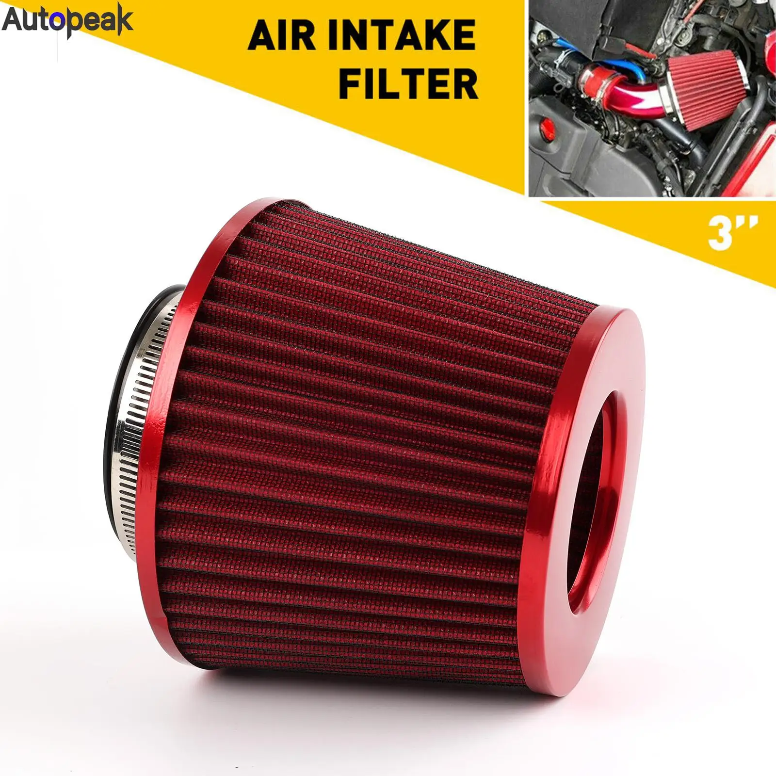 

Car Accessories 3" Performance High Flow Cold Air Intake Filter Induction Sport Power Mesh Cone 76mm Red Universal Replacement