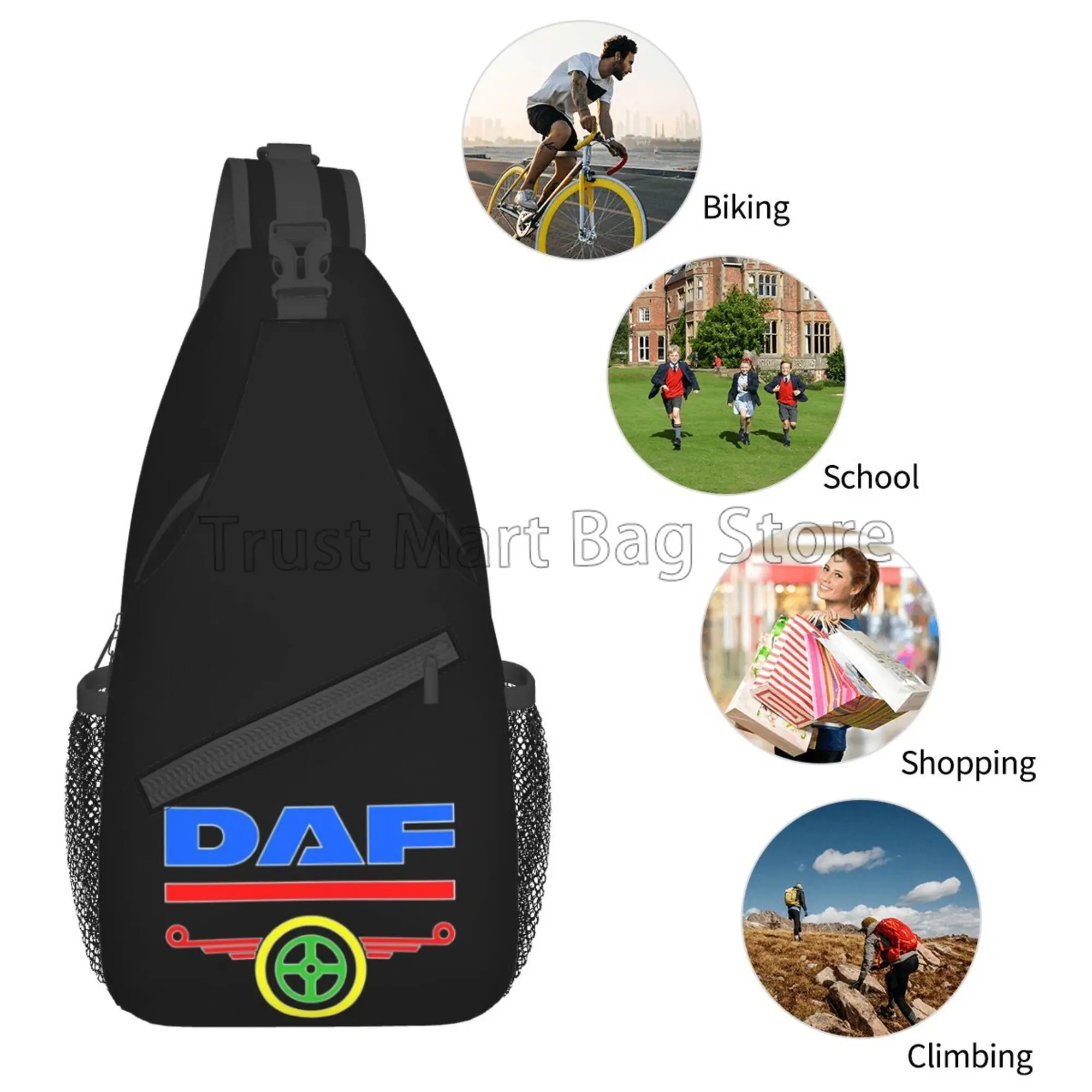 DAF Logo Print Peito Malas para homens e mulheres, Crossbody Sling Bag, mochila de caminhada casual de um ombro, esportes ao ar livre