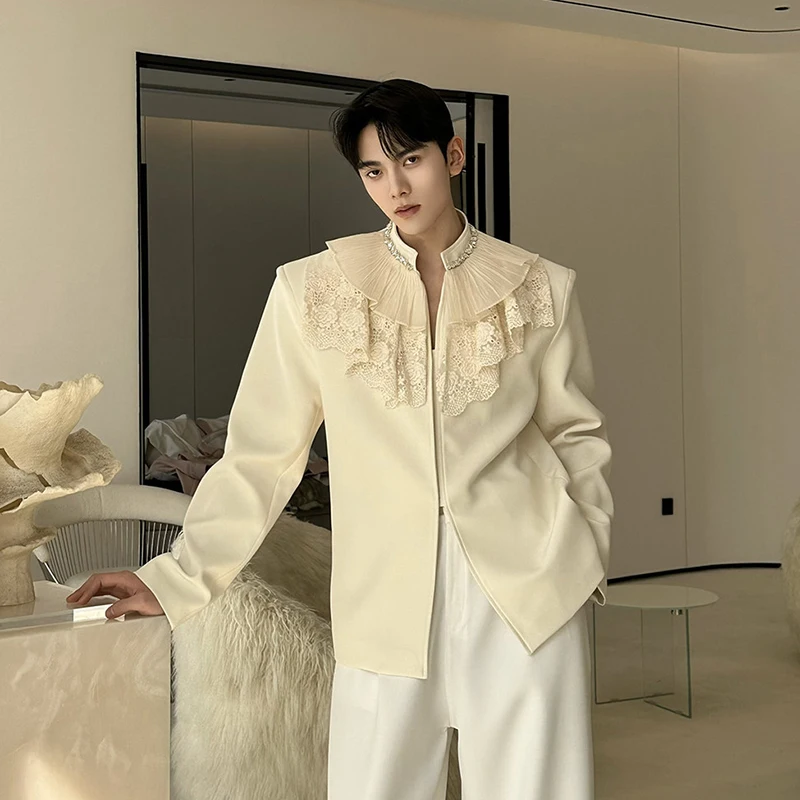 WTHT Fashion Men's Patchwork Lace Spliced Diamond Design Blazer Coats Trendy Stand Collar Casual Jackets Male 2026 Summer 2A2877