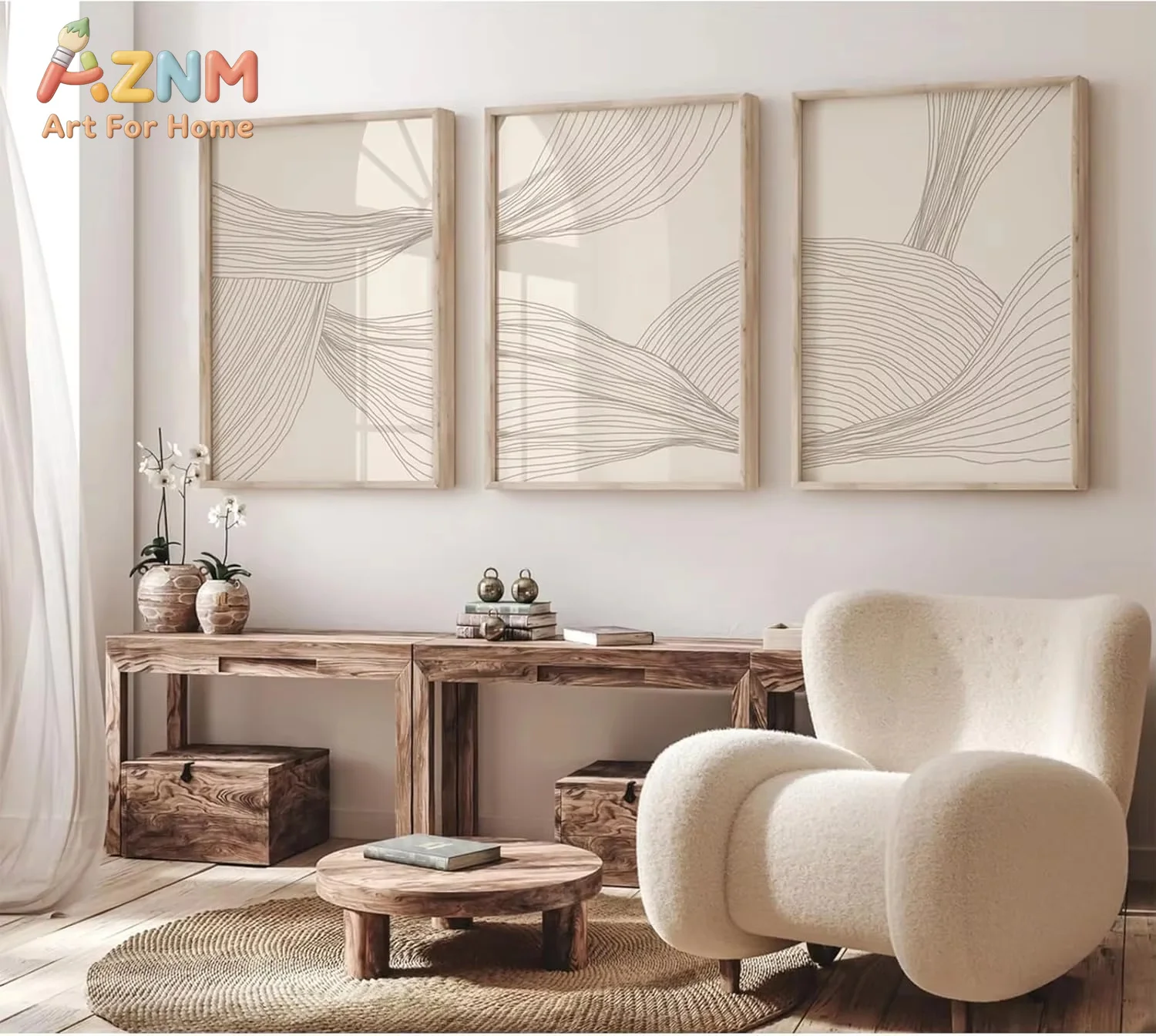AZNM 3 Pcs Modern Abstract Wall Arts Beige Bohemian Canvas Mid-Century Piece Posters Geometric Line Printed Painting