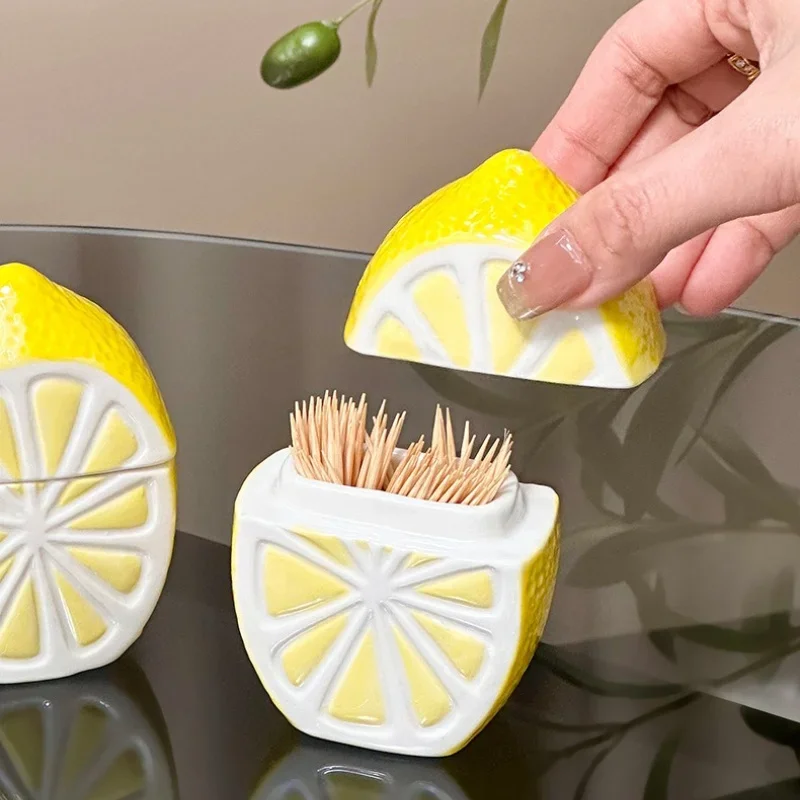 Cute Lemon Toothpick Box Ceramic Material Suitable for Storing Cotton Swabs Dental Floss Desktop Decor Ornaments Home Storage