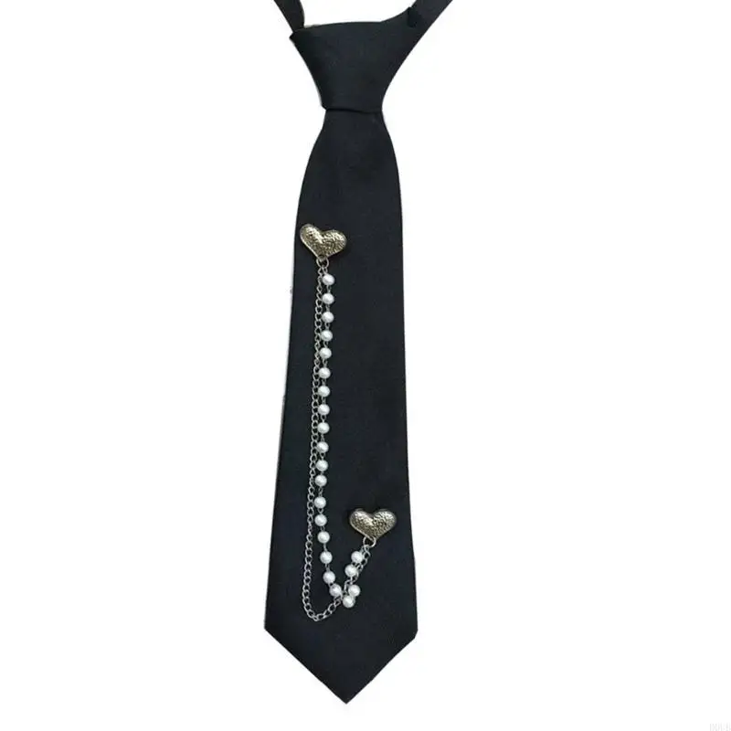 Fashionable Heart Pearls Beads Chain Campus Black Necktie Aesthetic Punk Adjustable Pre Tied Tie for School and Parties