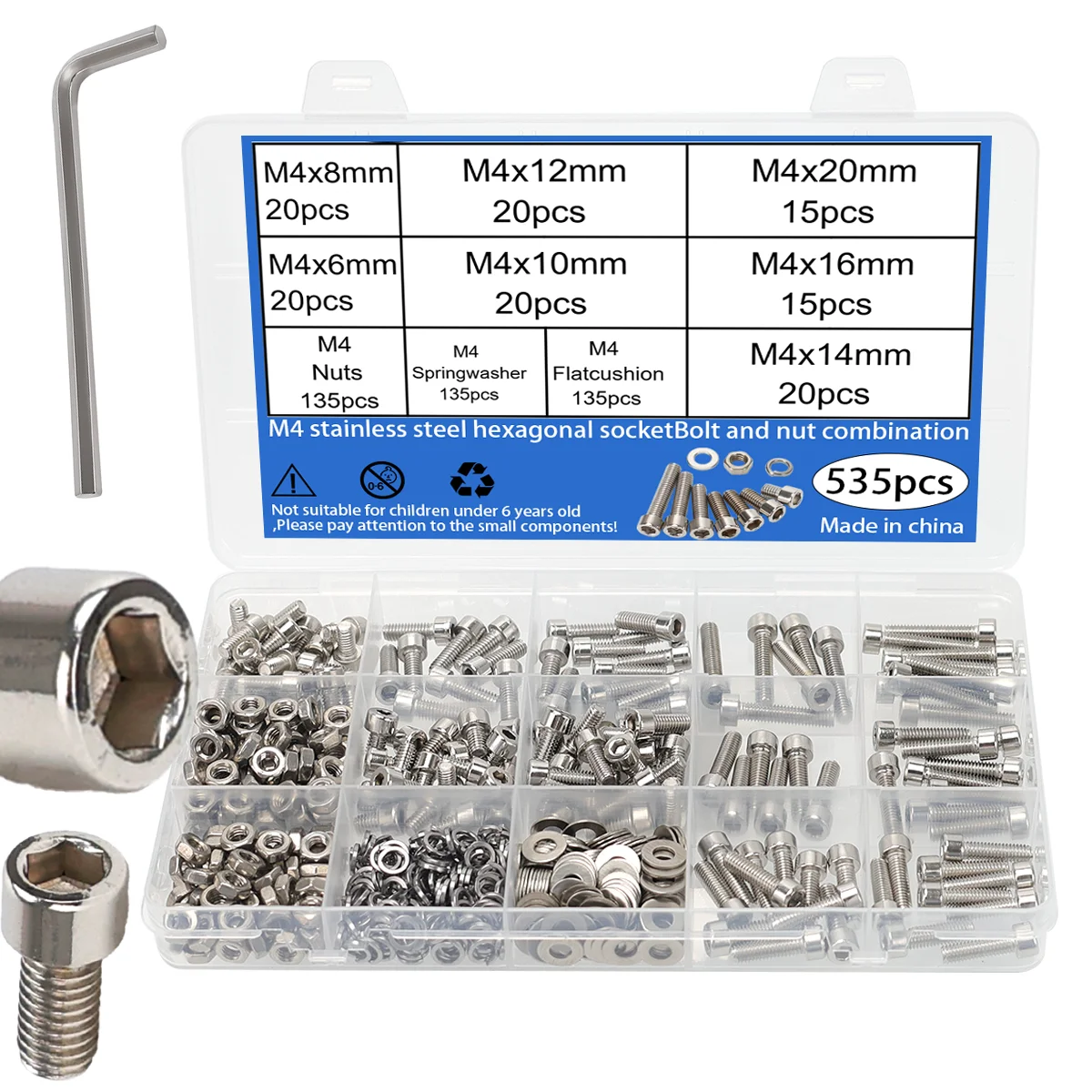 600pcs Stainless Steel Hex Socket Head Nuts and Bolts Set - M3, M4, M5, M6 Cup Head Hex Socket Heads - Includes Flat Washers