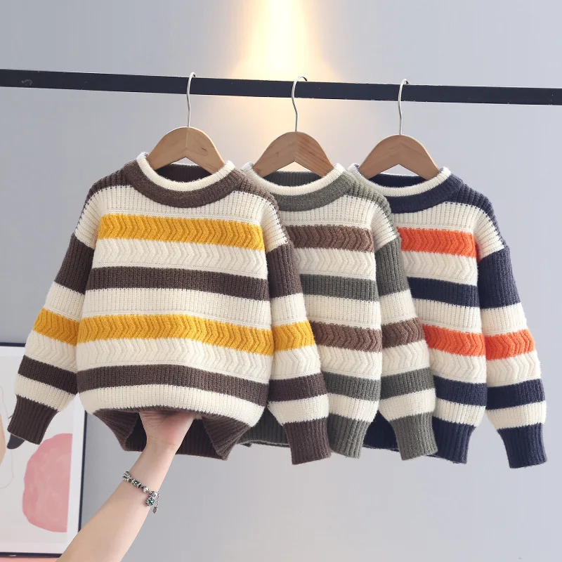 2025 Multiple Colour Striped Chunky Knit Sweater Kids Boy Casual Jumper Teenage Children Pullover Sweatersuit Bring Heat IY08102