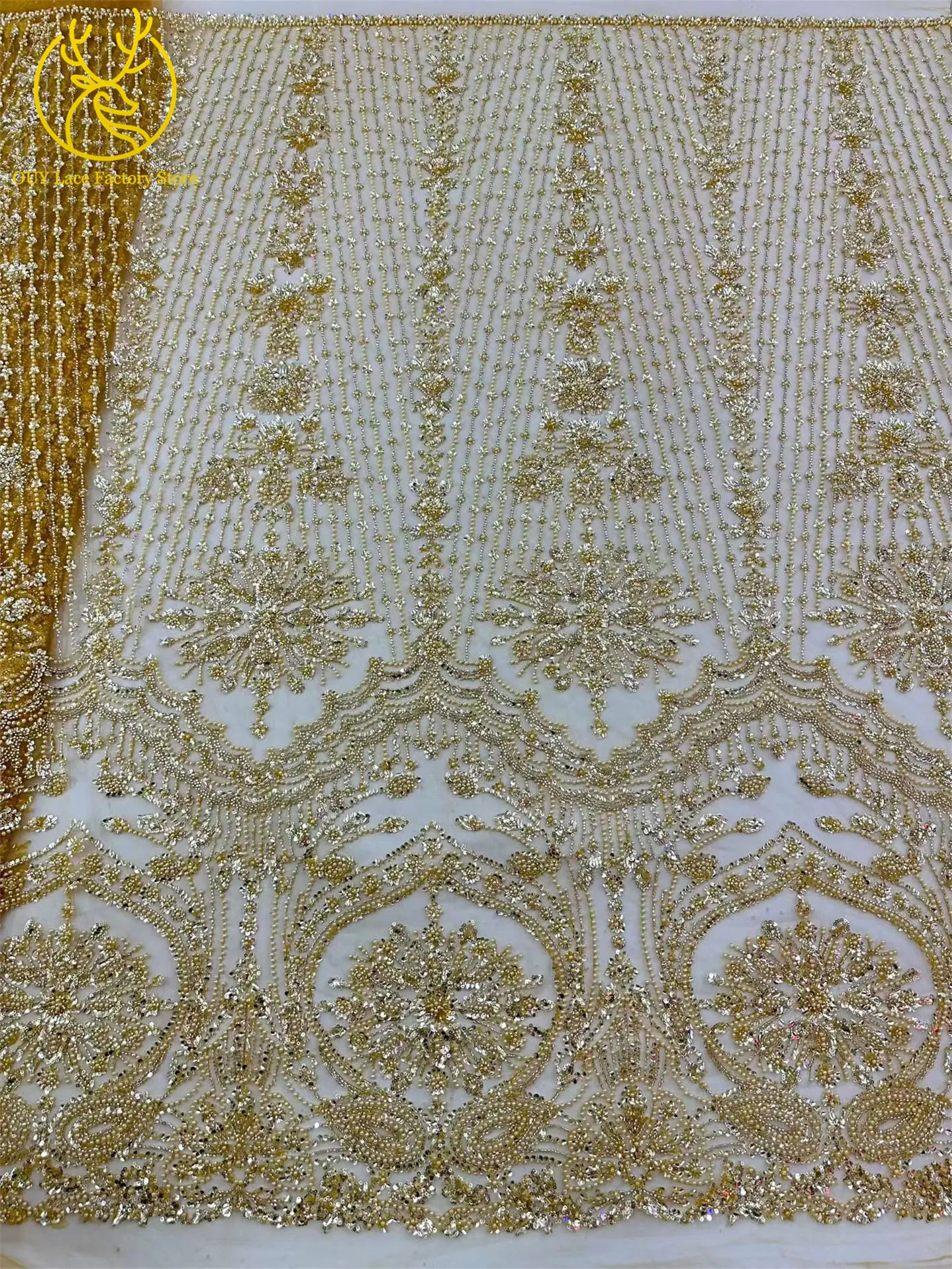 Gelber afrikanischer Brautstoff mit Perlenstickerei 2026 Luxuriöser goldener französischer Pailletten-Tüllstoff für nigerianische Hochzeitskleider – Detail 5