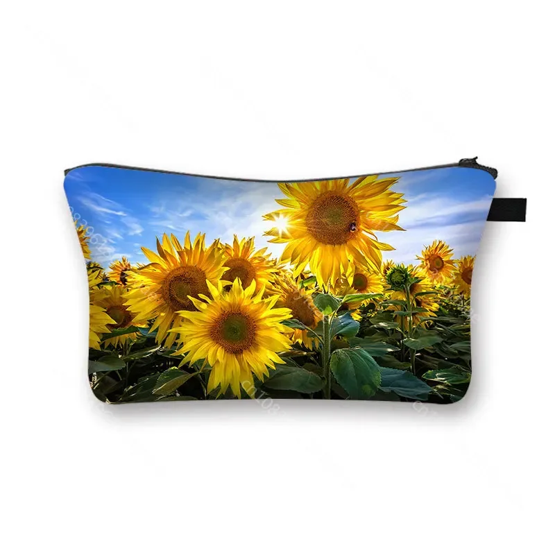 Cute Yellow Sunflowers  Print Cosmetic Bag Waterproof MakeUp Bag  Daisy flower Cosmetic Case Girls Travel Make Up Bags Gift