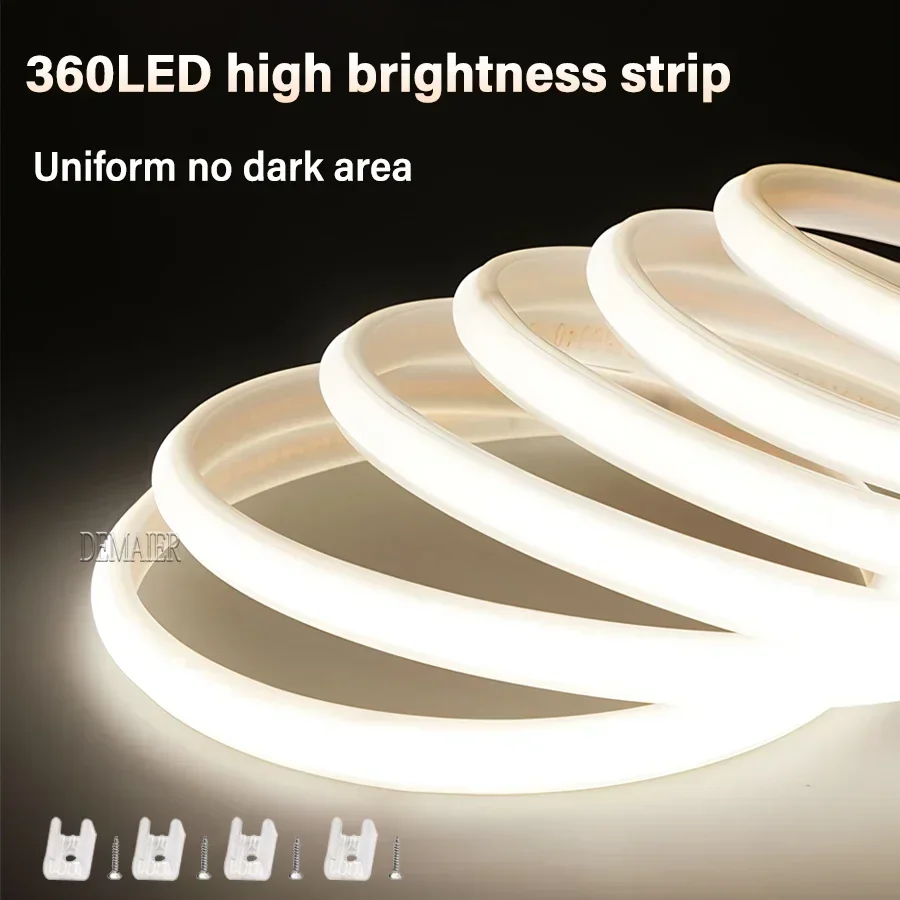 1M-50M 220V COB LED Strip dimmable 360LEDs/m EU Plug Kitchen Home Room Decoration Flexible Ribbon for Outdoor Garden Lighting