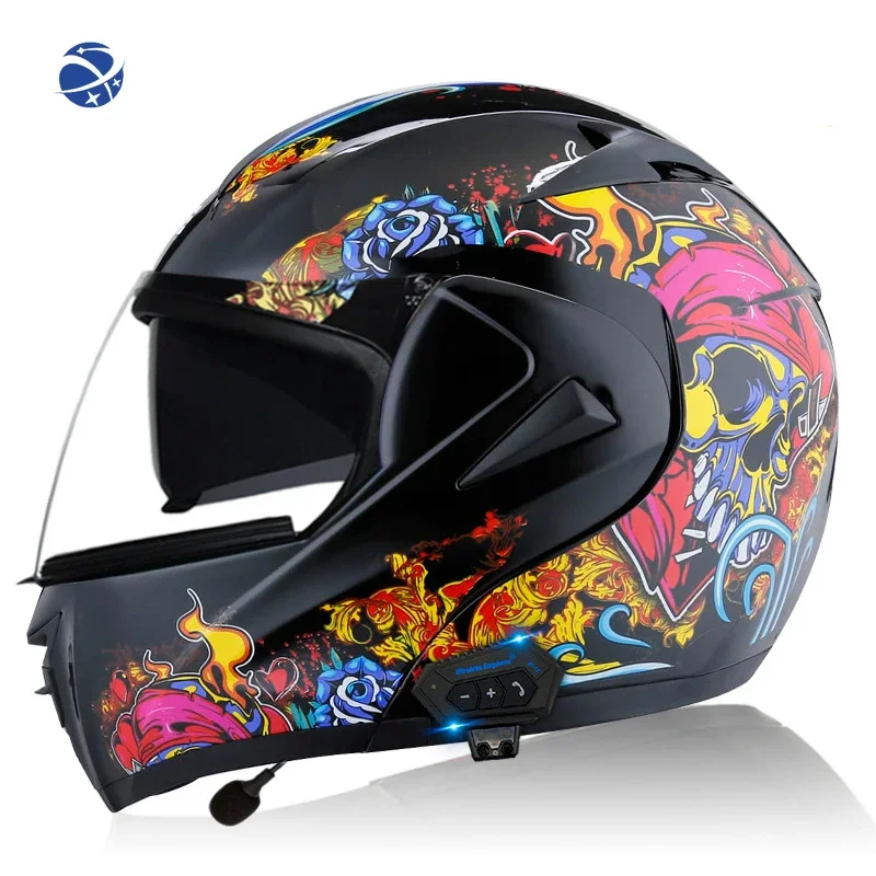 Blue  tooth bright black skull plated mirror moto helmet motorcycle ece helmet motorcycle mens helmet motorcycle