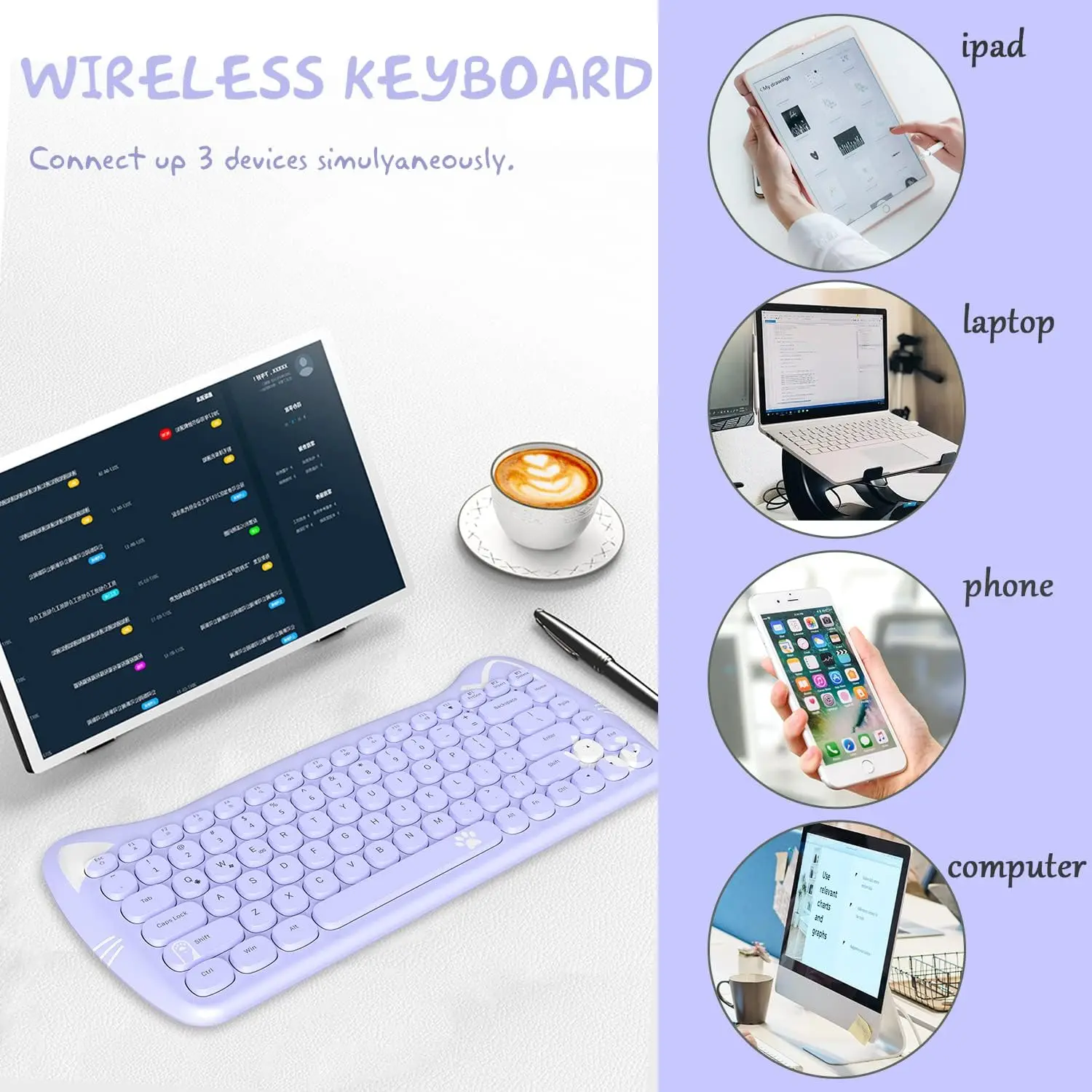 

3060I Беспроводная Bluetooth-клавиатура для компьютерной пишущей машинки Портативная с милыми цветными круглыми колпачками из АБС-пластика в стиле ретро Эргономичная