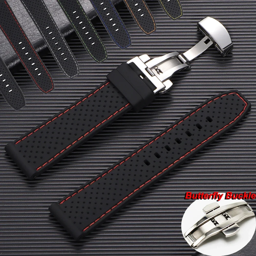 

20/22mm Premium Silicone Watch Band with Butterfly Buckle Waterproof Soft Rubber Breathable Universal Strap