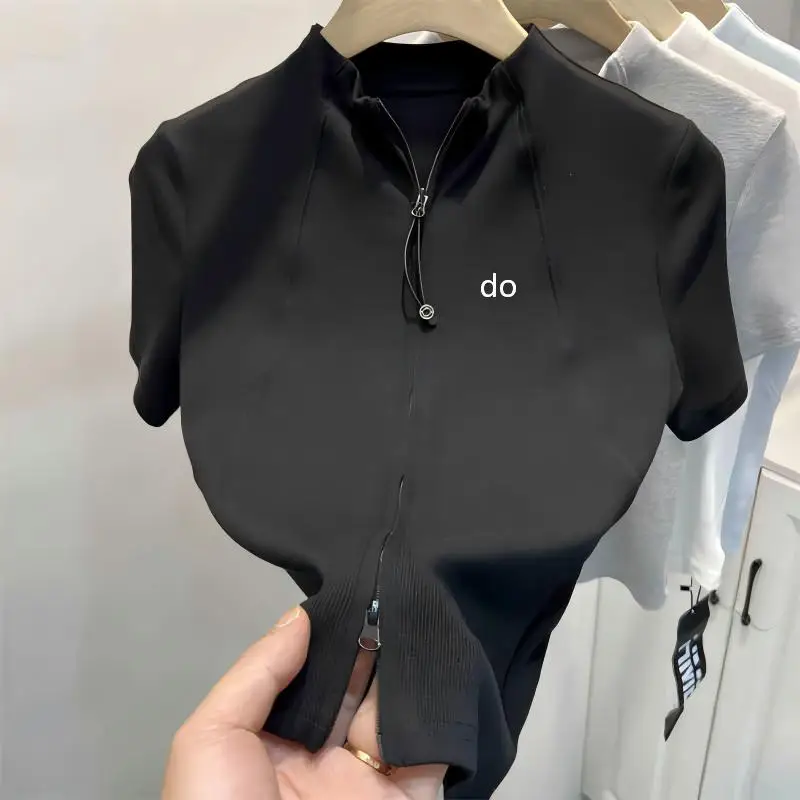 Short high waisted stand up collar double zipper short sleeved T-shirt cardigan for women 2026 new slim fit T-shirt top