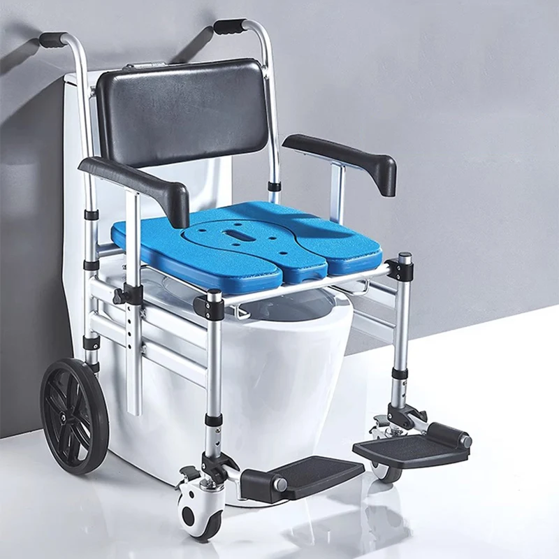 3-in-1 Mobile Shower Wheelchair Elderly and Disabled Adjustable Height Folding Transfer Chair with Wheels Non-Slip Toilet Seat