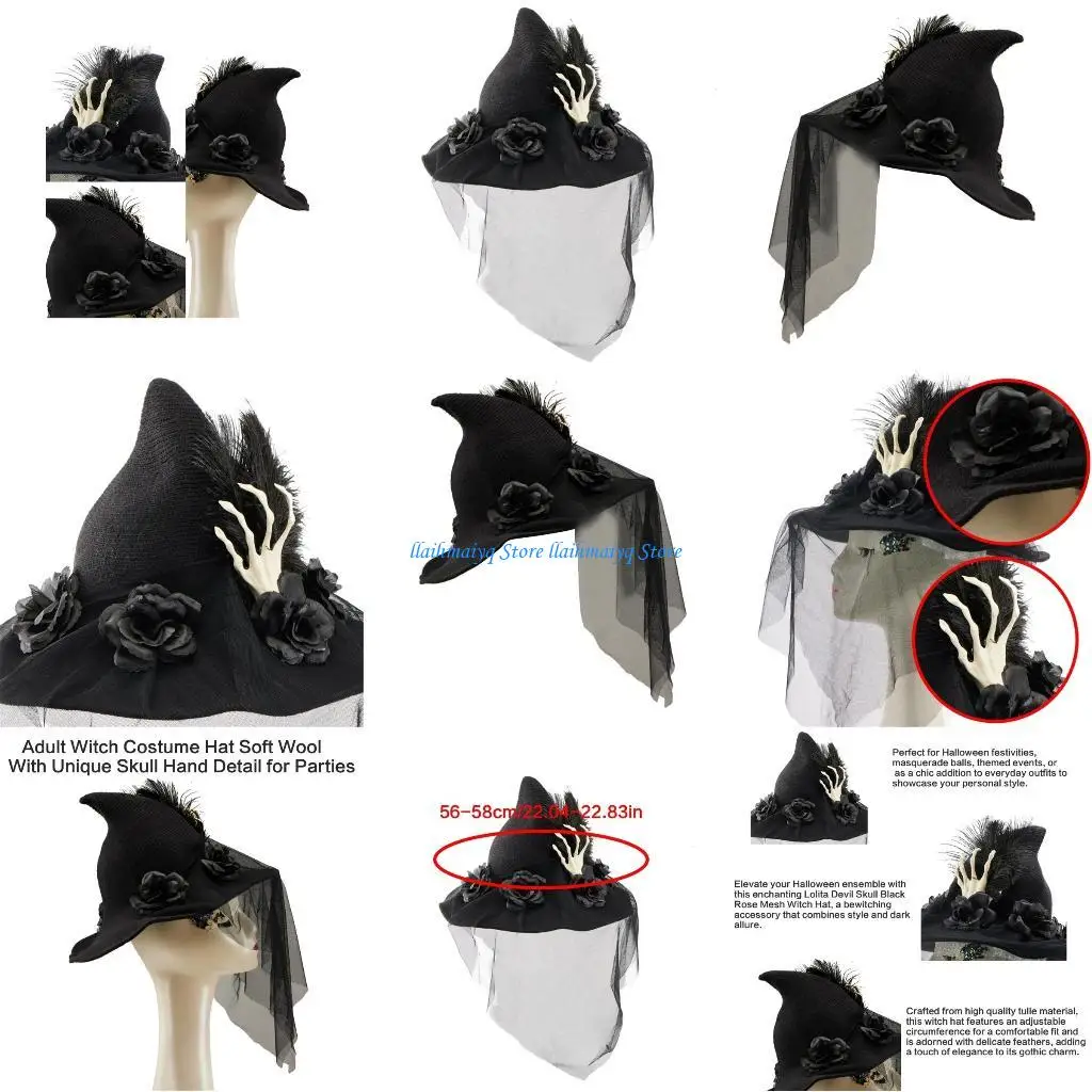 

573B Women Witch Hat Halloween Masquerades Cosplay Hat with Skull Hand Veil Applique