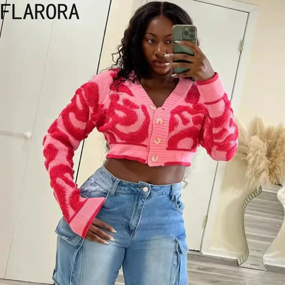 

FLARORA Fashion Sweet Patchwork Knitting Crop Tops Woman V Neck Long Sleeve Single Breasted Cardigan Sweater Female Streetwear