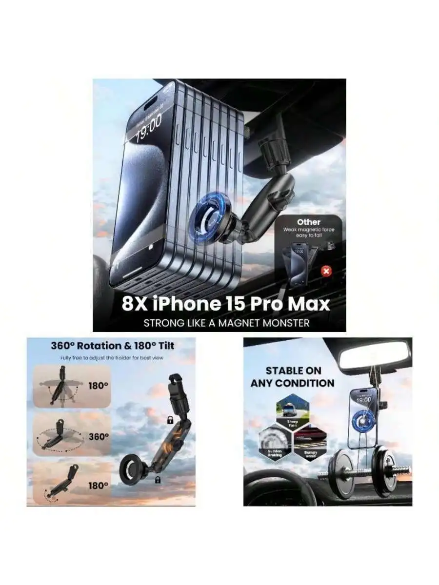 Rearview Mirror Car Phone Holder 360° Rotation 180° Tilt Strong Magnetic Mount For iPhone Android