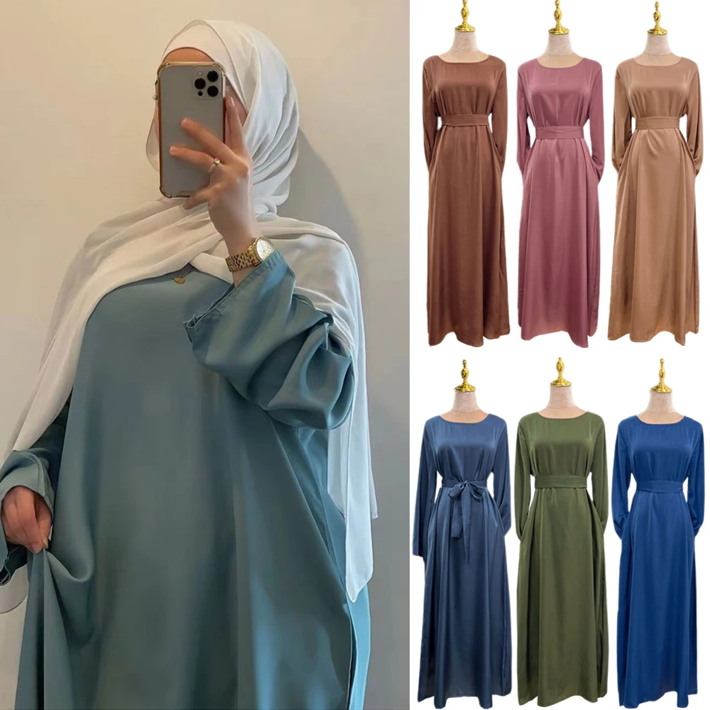 Satin Abaya Muslim African Long Dress Women Plain Belted Fashion Hijab Robe Islamic Dubai Turkish Modesty Kaftan Arabic Ramadan