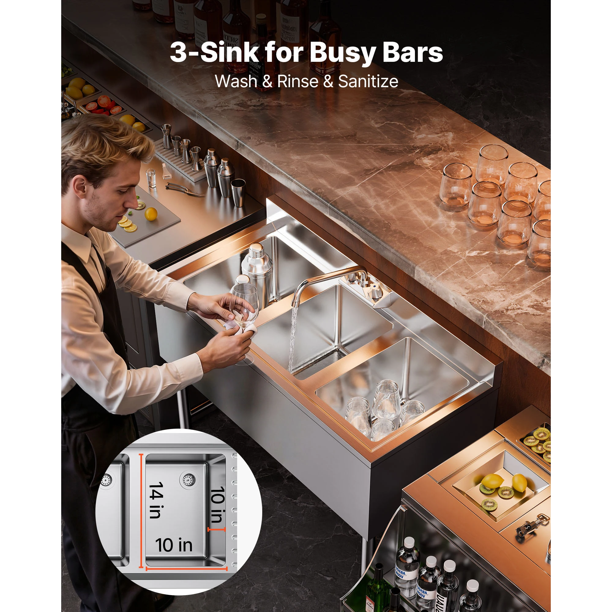 VEVOR Évier de Cuisine à 3 Cuv - Commercial Kitchen Backsplash avis et prix