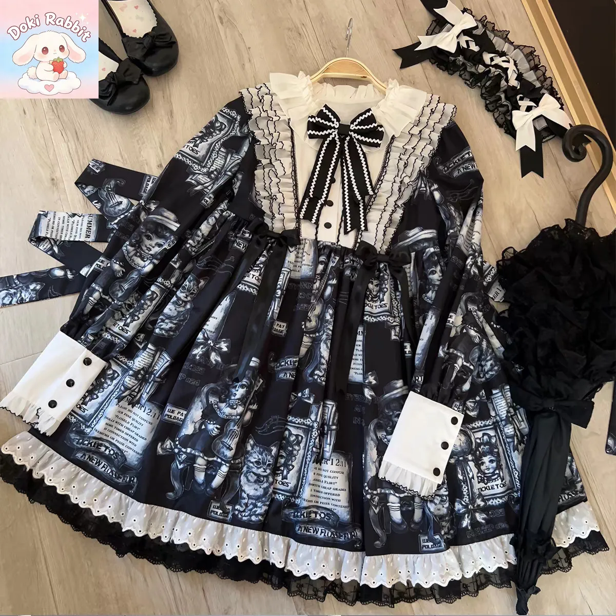 Japanese Gothic Lolita Dark Subculture Women Mini Dress Patchwork Bow Lace Design Harajuku Party Daily Y2k Vintage French Outfit