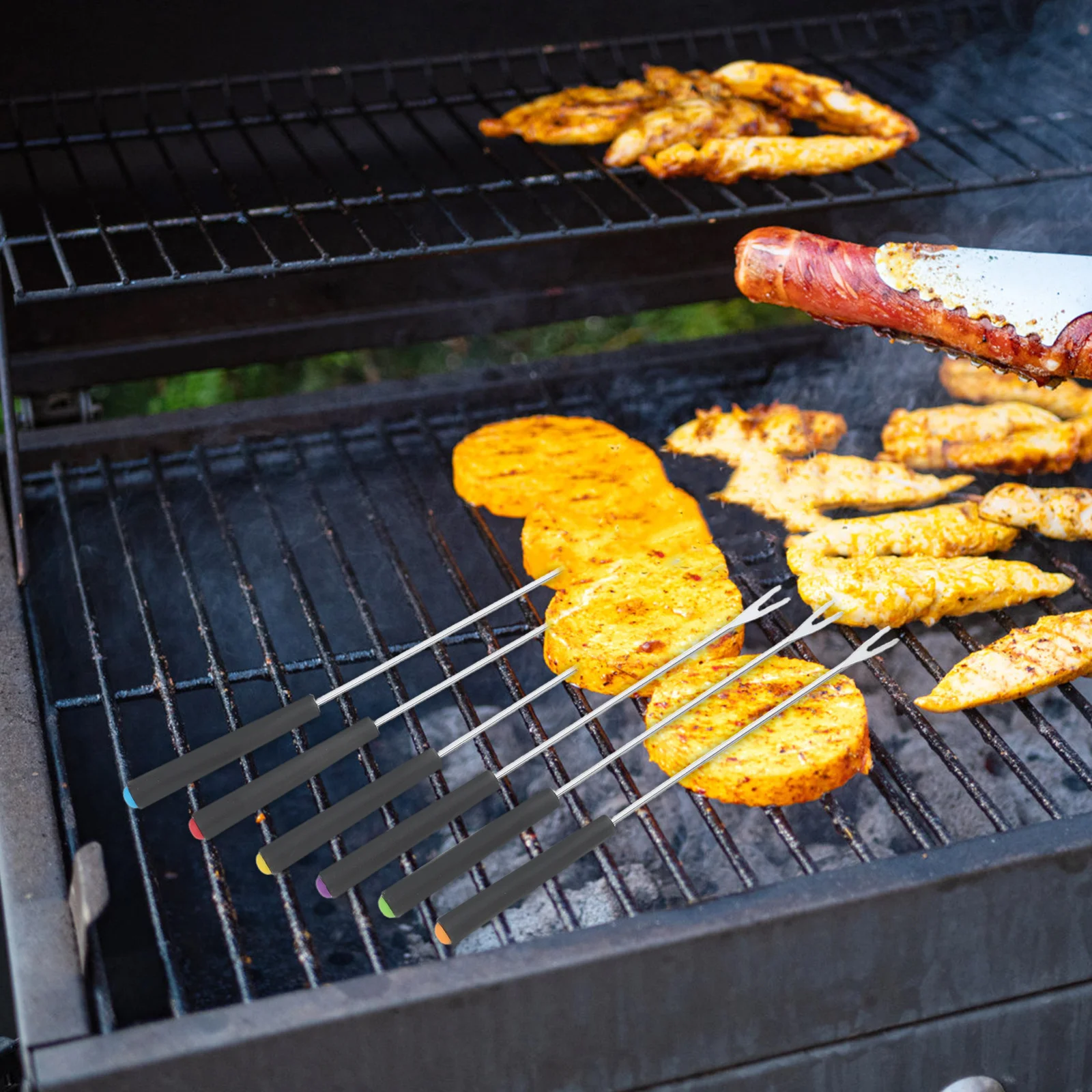 

18pcs Stainless Steel Bbq Skewers Extra Long Roasting Sticks For Grilling Kebabs Fondue Fruit Cheese Serving Forks Kitchen Bar