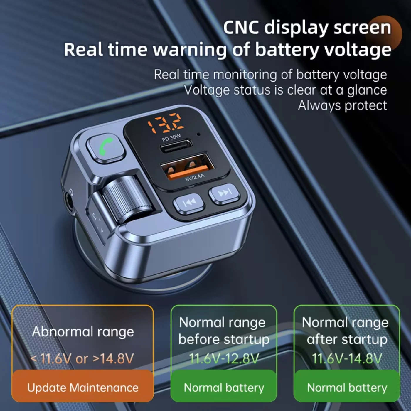 Car FM Transmitter Bluetooth Receiver USB U Disk Read PD30W Fast Charging Car Mobile Phone Adapter Support AUX Audio Input