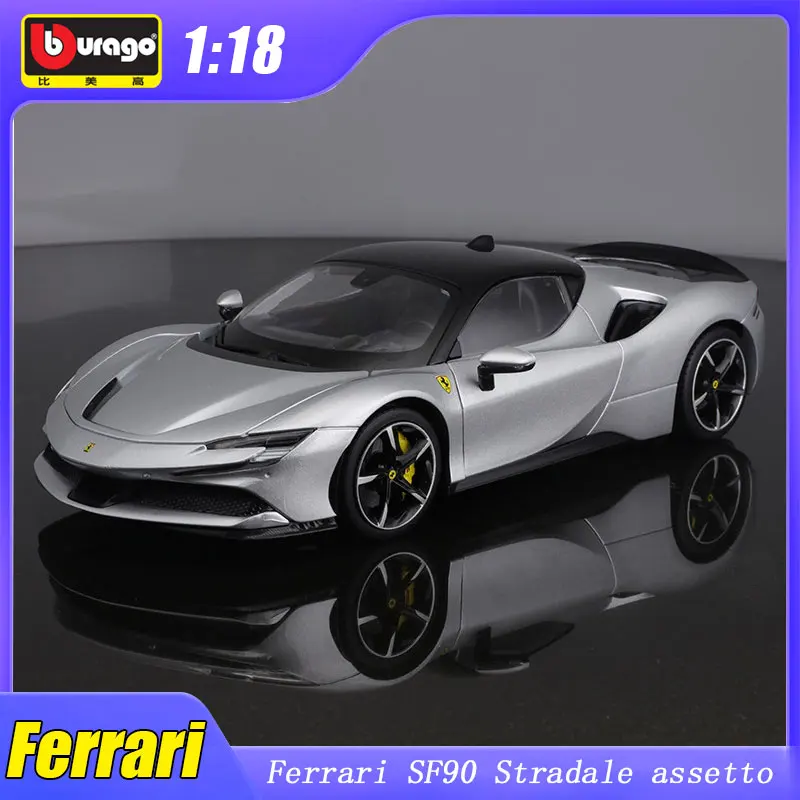 

1:18 Bburago Ferrari SF90 Stradale assetto Silver Model Car Alloy Luxury Vehicle Diecast Edition Toy Collection Ornaments Gift