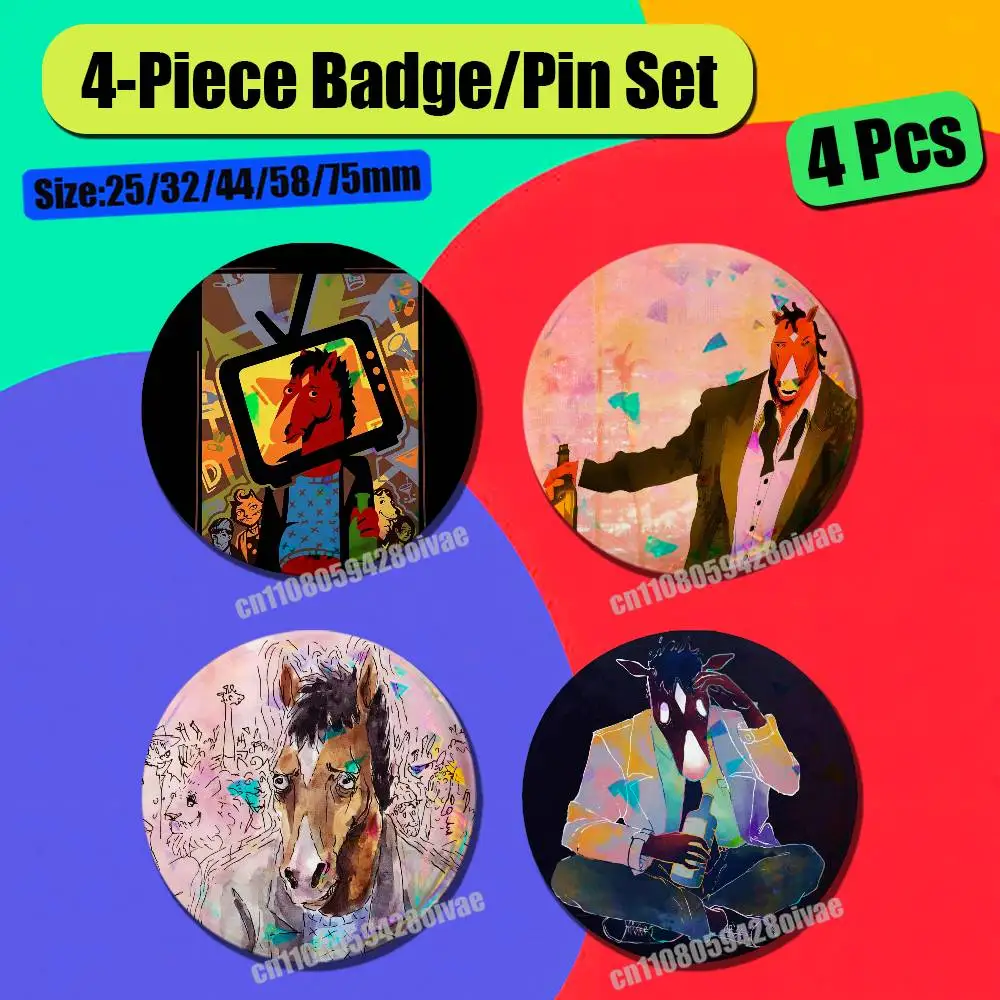 Pin Insignia 4 Pcs Set Round Button Emblem Laser Film Cosplay 25mm Custom For B-BoJack Cartoon H-Horseman Badge Cover