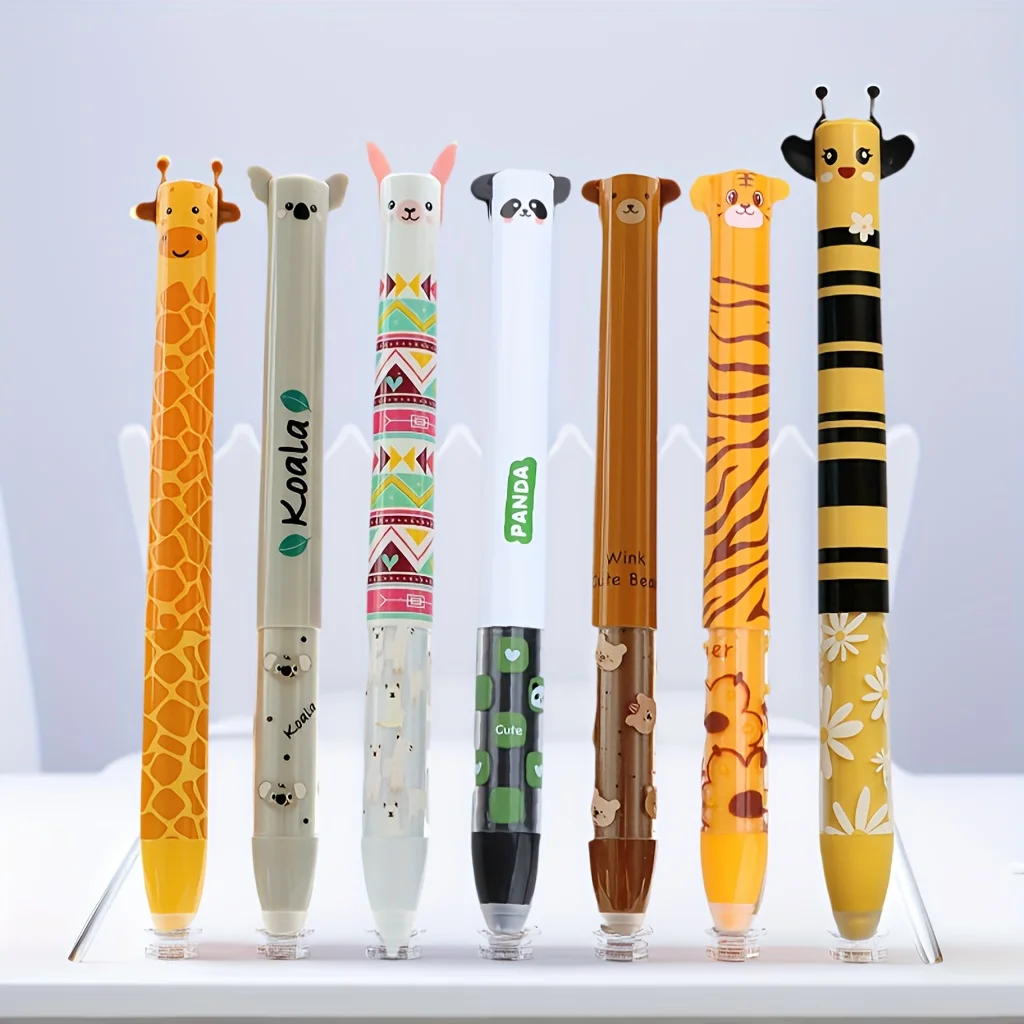 مجموعة من 5 أقلام جل مزدوجة الدفع قابلة للمسح - حبر أزرق/أحمر 0.5 مم، تصميم حيوانات، أقلام حبر جاف أساسية للمدرسة