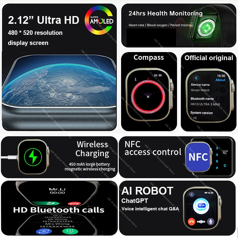 2025New HK10 الترا 3 ماكس Smartwatch 49 مللي متر AMOLED 4G ROM بلوتوث دعوة شبكة الدردشة روبوت ساعة NFC البوصلة ساعة ذكية الرجال النساء
