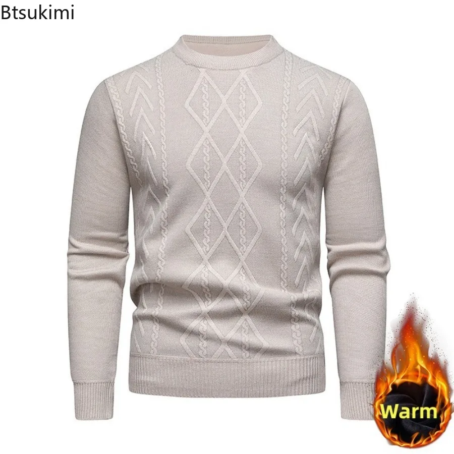 2025 Men's Autumn Winter Thicken Knitting Sweaters Solid Color Fleece Warm Pullovers Fashion Casual Slim Knitted Sweater for Men