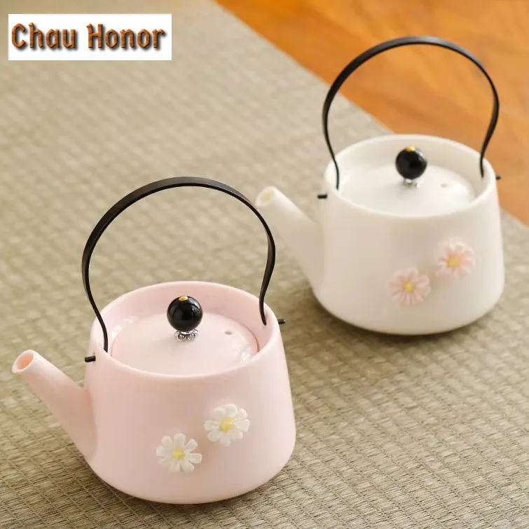 250ml Mutton Fat Jade Pink Porcelain Lifting Handle Teapot Zen Tea Infuser Pot Tea Soaking Kettle With Ball Hole Teaset Ornament