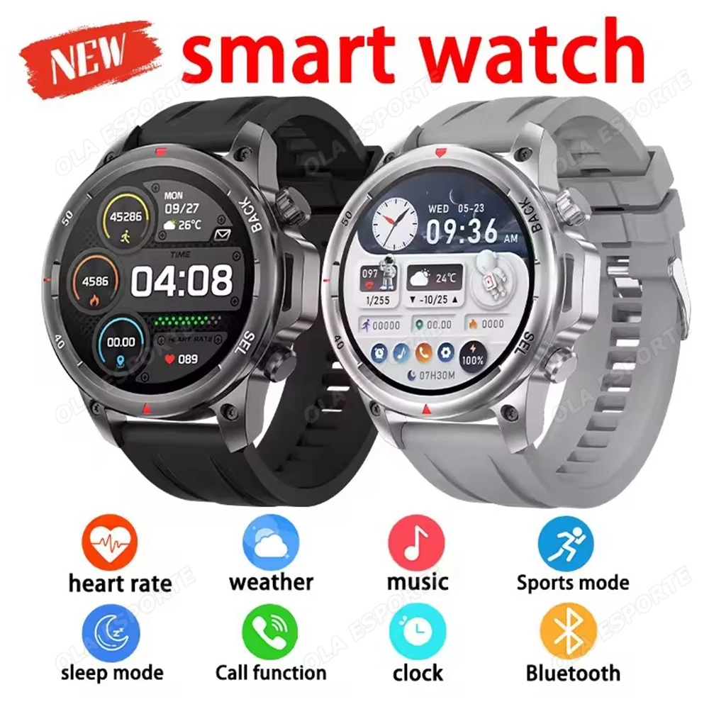 ผู้ชายนาฬิกาอัจฉริยะเข็มทิศเครื่องติดตามตำแหน่ง GPS หน้าจอ AMOLED โทรผ่านบลูทูธการตรวจสอบอัตราการเต้นของหัวใจ 100+ โหมดกีฬาสมาร์ทวอทช์