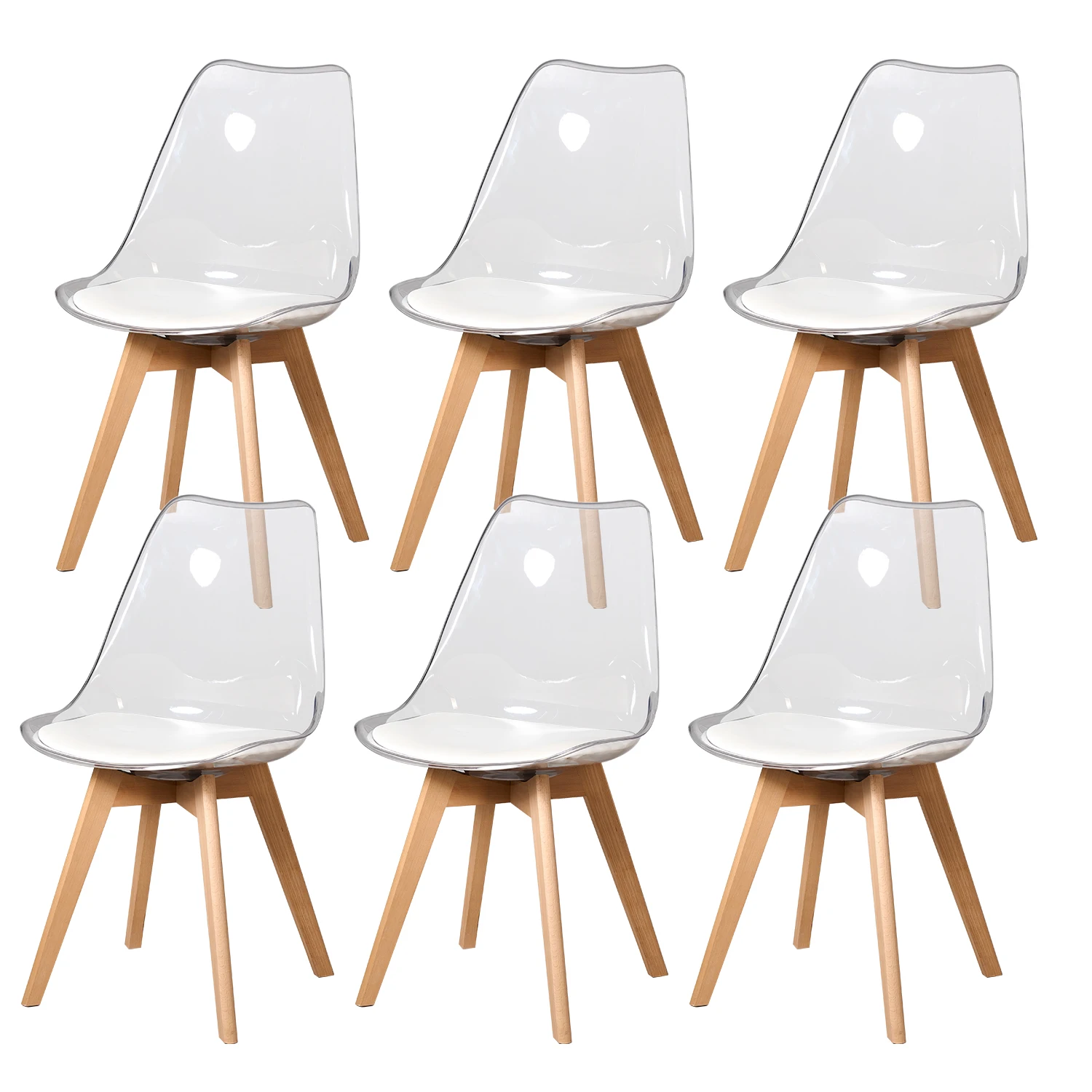 Ensemble de 6 chaises de salle à manger en acrylique avec coussin PU et pieds en hêtre, pour cuisine, salon