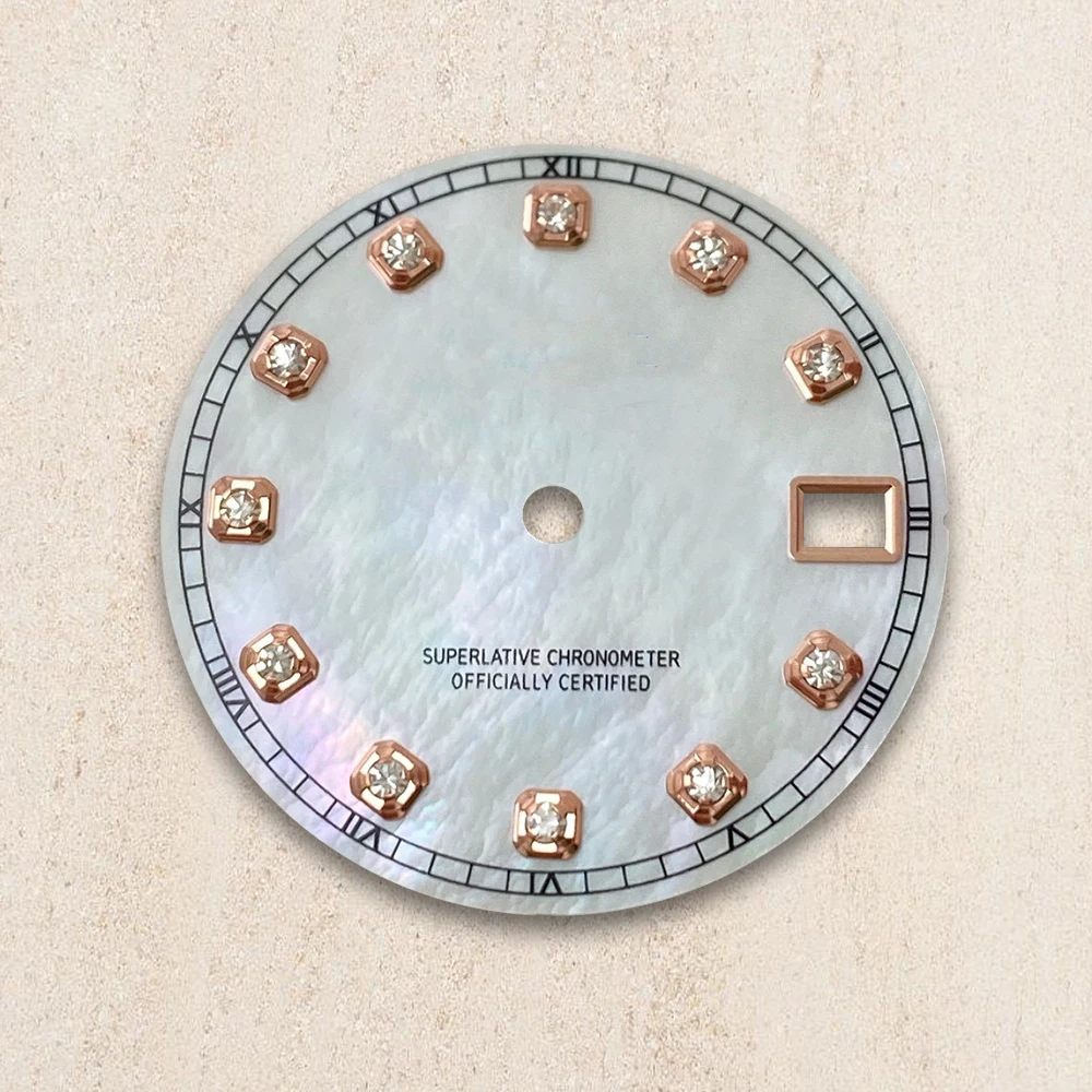 28.5mm S Logo Dial Pearl Shell Diamonds Suitable For NH35/NH36 Automatic Movement Watch