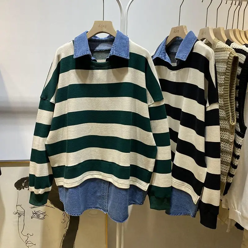 Spring Autumn New Turn-down Collar Fashion Tops Long Sleeve Sweatshirts Women Striped Contrast Color Fake Two Pieces Pullovers