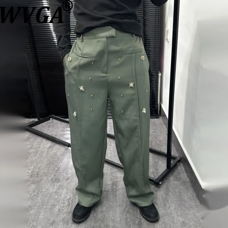 

WVGA Spring Autumn New Man Tide Heavy Beading Pocket Hot Diamonds Vintage Trendy Niche Chic Casual Straight Pants Ins Y2K W15160