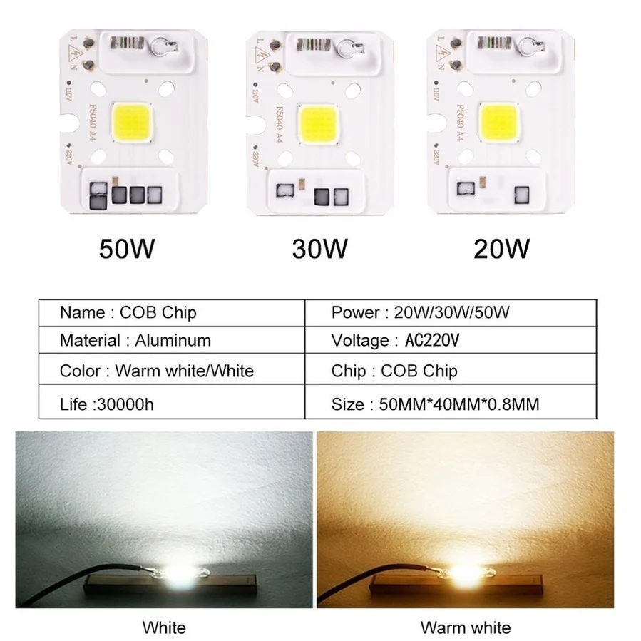 Chip LED COB de 220V, 10W, 20W, 30W, 50W, IC inteligente, sin necesidad de controlador, 3W, 5W, 7W, 9W, lámpara de bombilla LED para foco de luz de