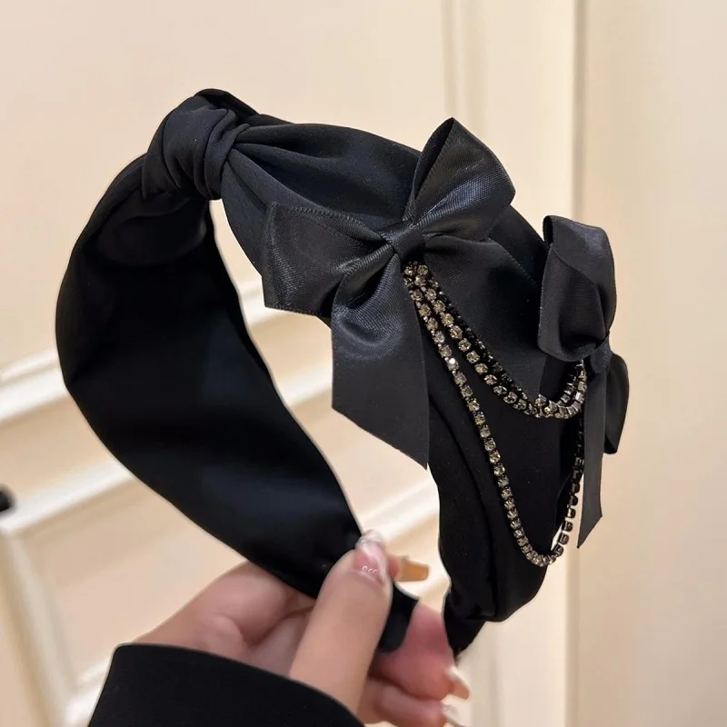 Black Bow Headband for Women Shiny Rhinestone Chain Decorated Bowknot Hairband Women Hair Accessories Party Headdress Head Hoop