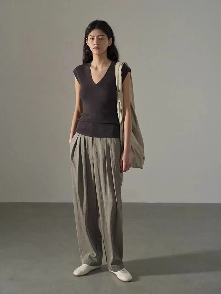 Ele V-Ne Ice Silk Svel Vest Top Women's Faion Summer Slim Fit Layering T-irt Trendy Commute Sle Regular Cut