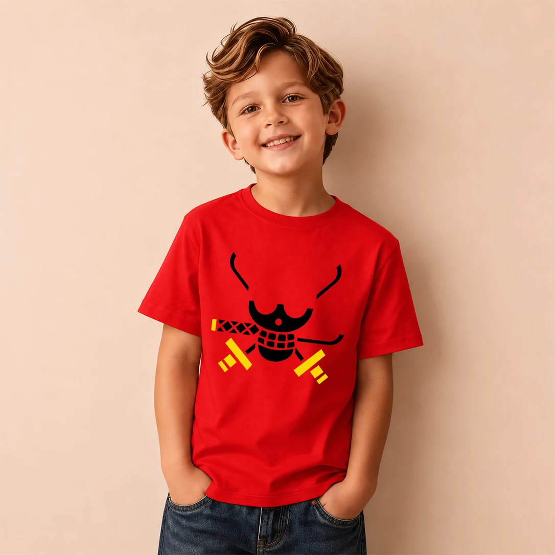 Kids T‑Shirt One Piece Franky Pirate Logo Print Short Sleeve Casual Tops Boys Girls Anime Pattern Children Daily Wear Tees
