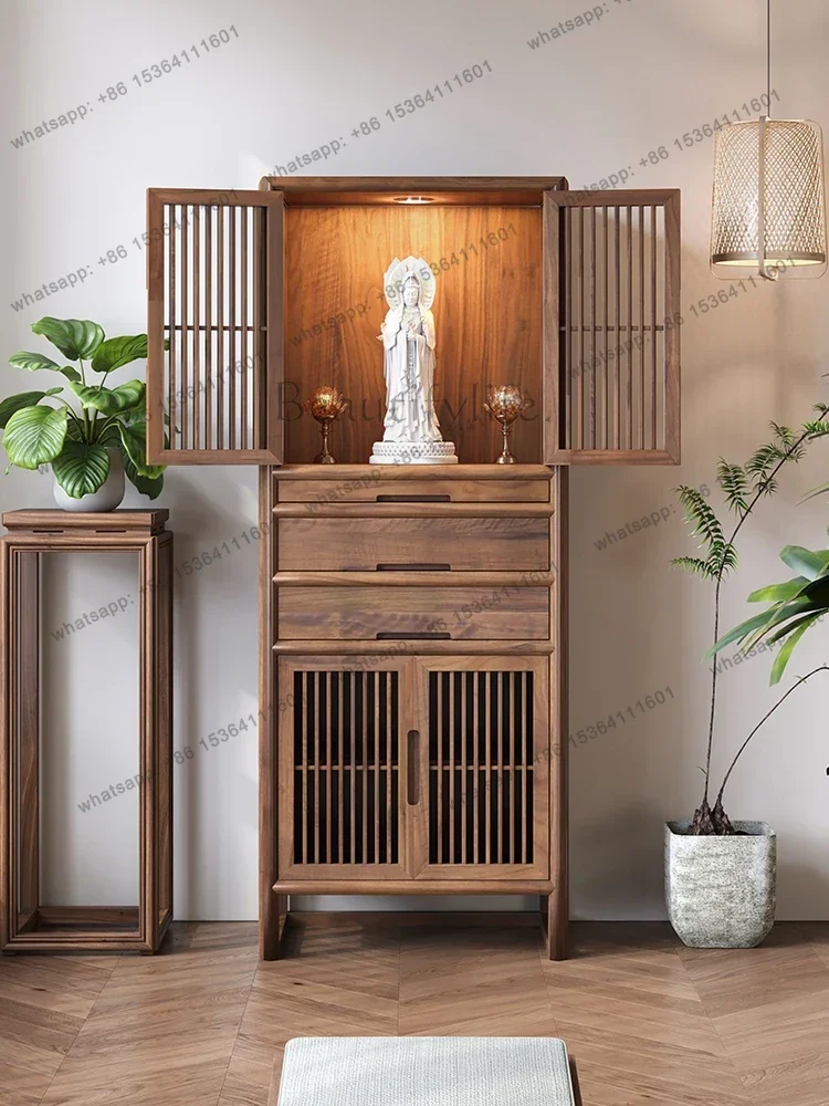PG black walnut new Chinese Buddhist shrine vertical cabinet household simple with door God of Wealth shrine