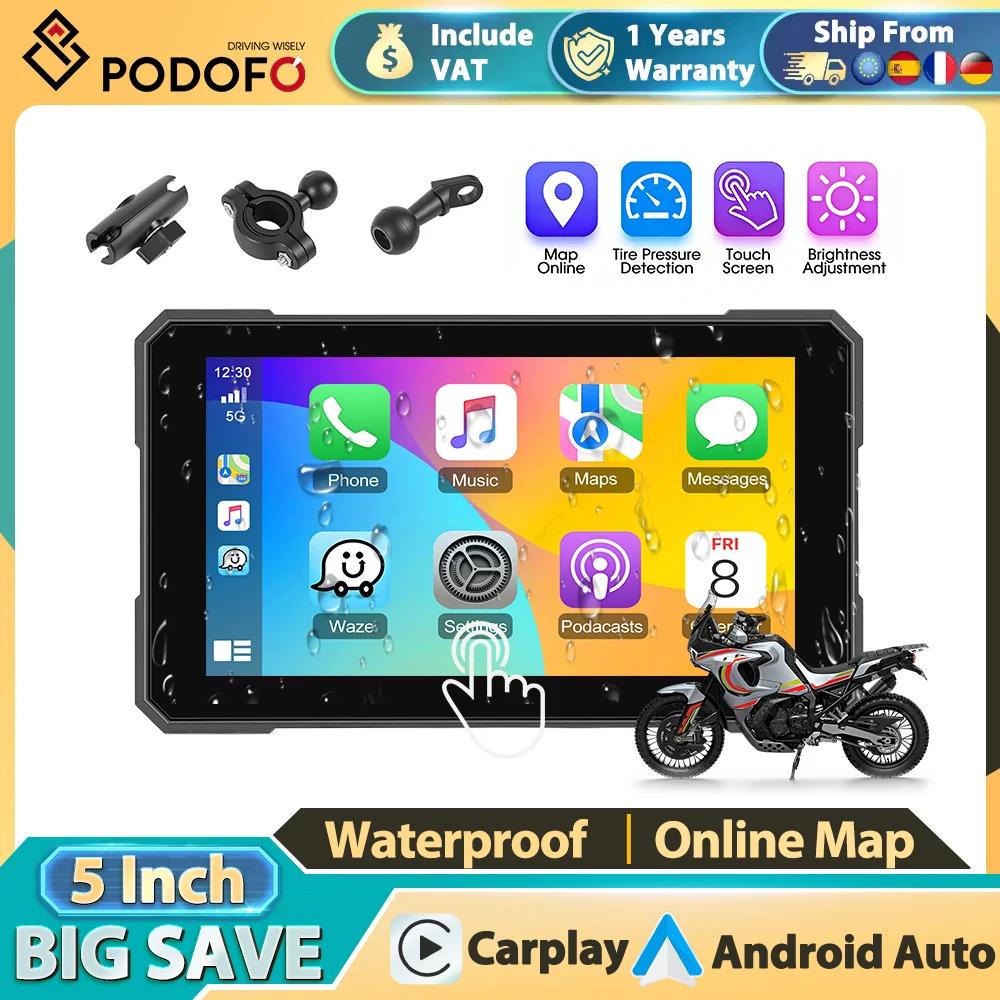 Monitor per Moto Podofo con Carplay Wireless, Android Auto, Impermeabile IP67, Portatile, Supporto Monitoraggio Pressione Pneumatici, Scheda TF