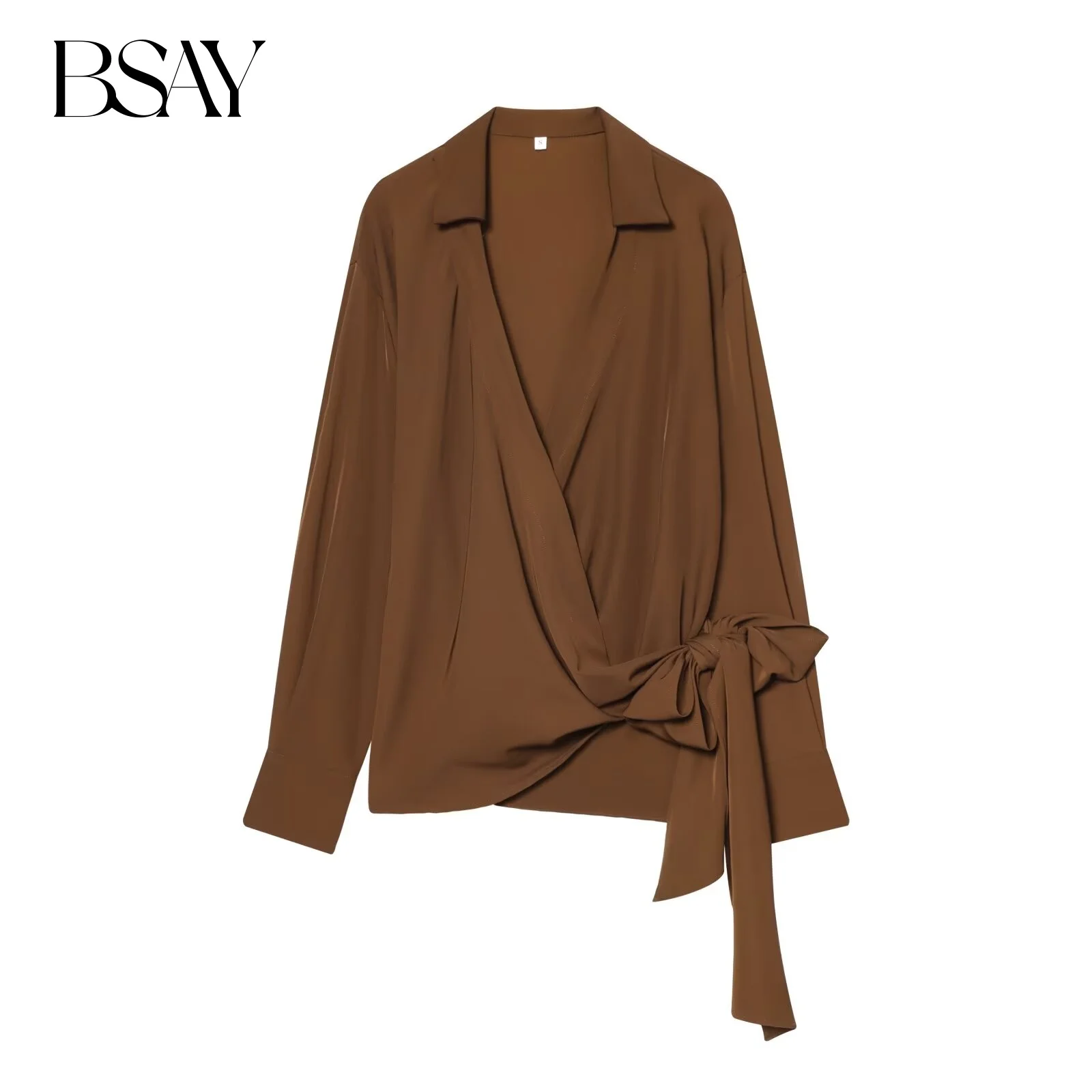 

BSAY brown Pleated Shirt Women Clothing Fashion Autumn Winter new lapel loose Long Sleeves Blouses Chic office Ladies Tops mujer