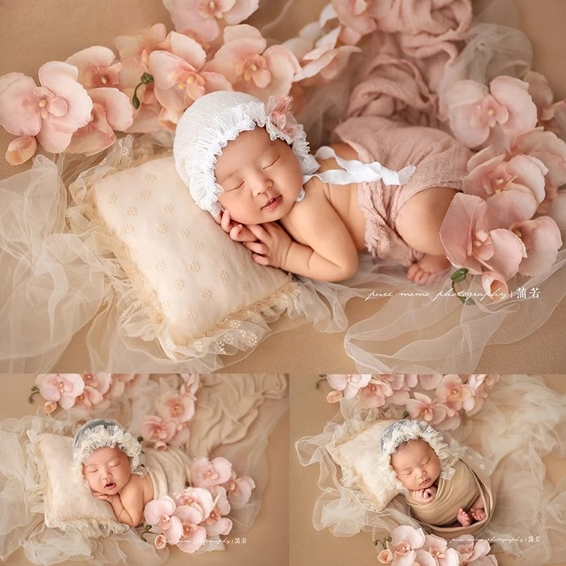 

Newborn Photography Clothing for Baby Girl Photoshoot Lace Mesh Wrap Hat Posing Pillow Florals for Decor Blanket Backdrop Set
