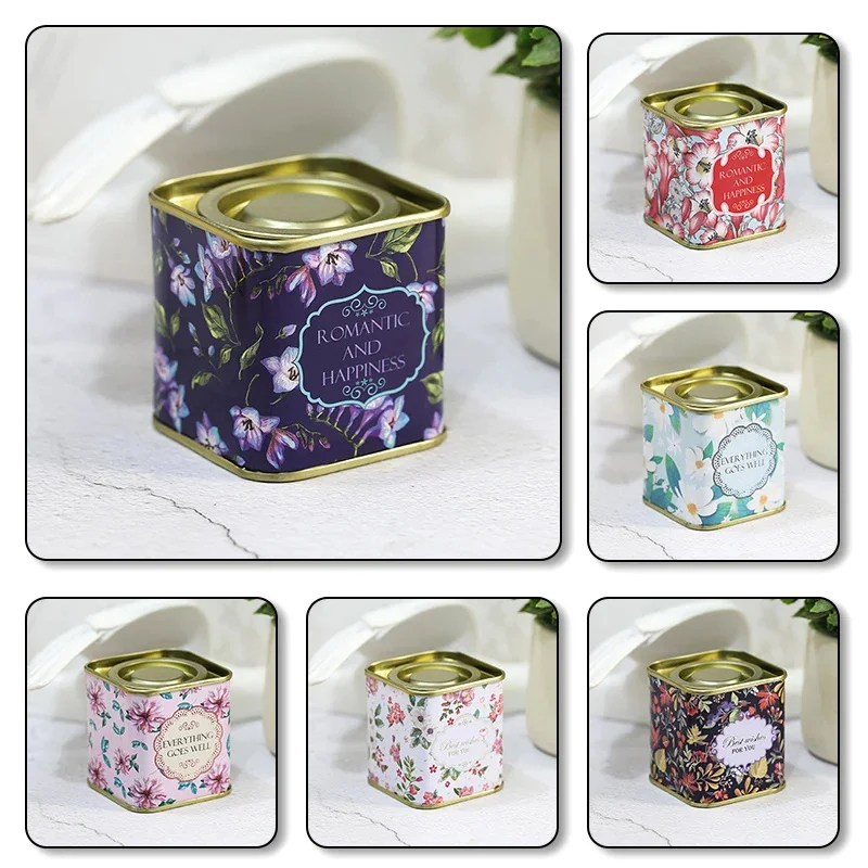 1Pc Square Printed Iron Box Sealed Accompanying Gift Tinplate Candy Box Portable Tea Can Candy Jar Kitchen Storage Boxes