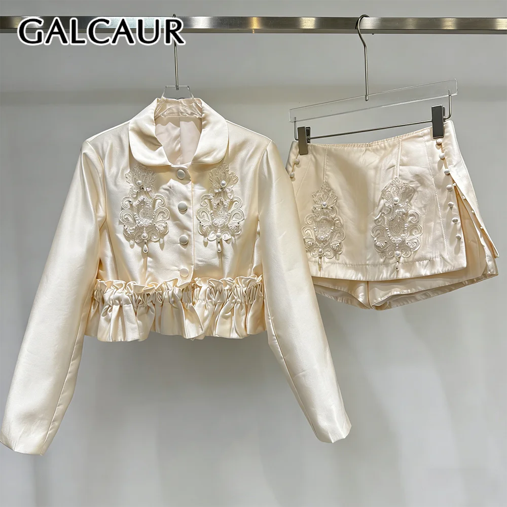 GALCAUR Solid Slimming Spliced Beading Two Piece Sets for Women Lapel Long Sleeves Patchwork Zipper Skirt Set Female Fashion New