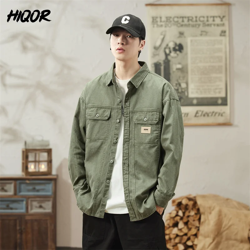 

HIQOR New In Men's Shirt Spring Men Cargo Vintage Shirt Fashion Camisa Masculina Cotton Blouses Long Sleeve Coat Clothes For Men