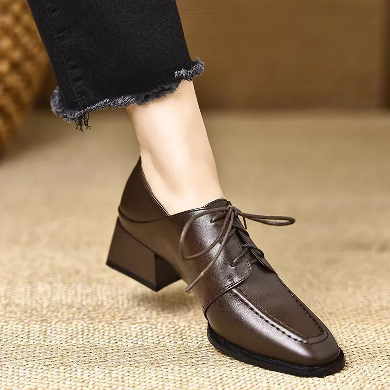 

Новинка 2025, женские удобные весенне-осенние туфли из натуральной кожи на среднем каблуке со шнуровкой и квадратной головкой, женская обувь